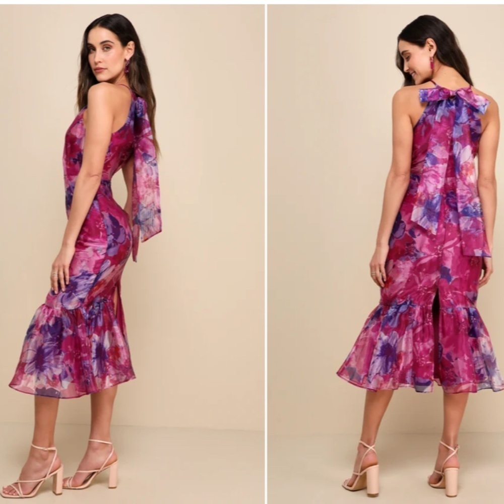 LULU's Floral Sexy Flowy Special Event Prom Wedding Chic Elegant Midi Dress - Picture 5 of 5